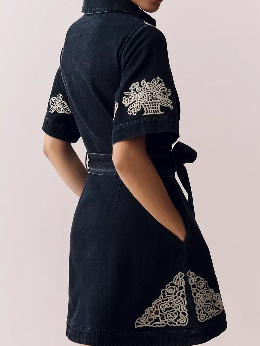 En Saison Black Mini Shirt Dress with Cream Embroidery - Picture 3 of 8
